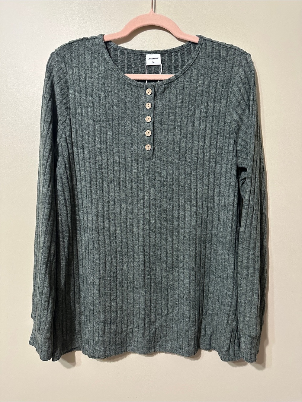 Amazon Women's Ribbed Crewneck Henley Sweater - Green